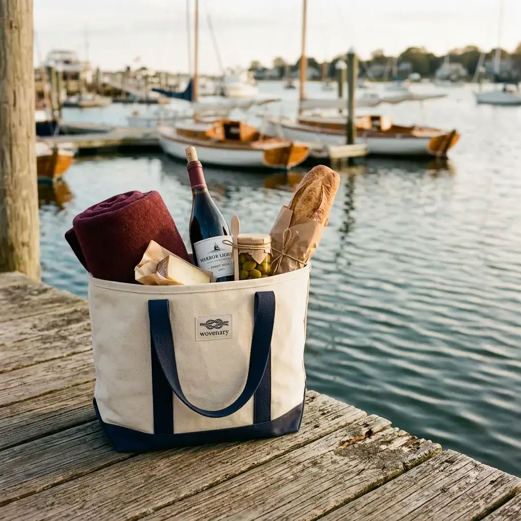 Branded boat tote at the harbor