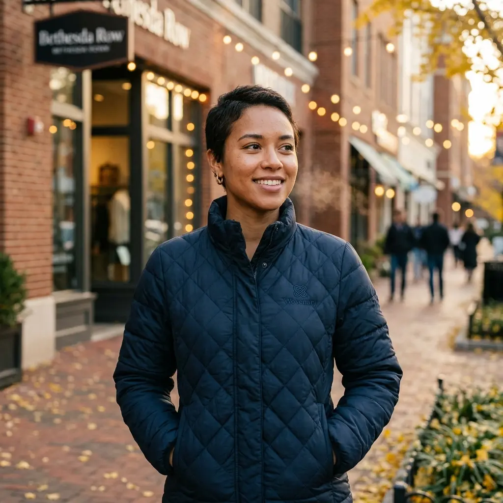 Custom puffer jackets on a city street
